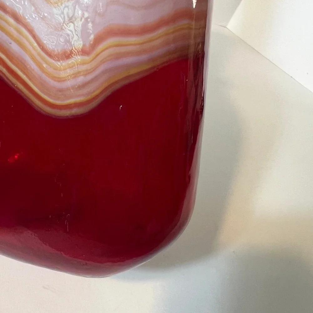 Red Hand Blown Art Glass Vase Long Neck Swirl Pattern Agate Style Decor 12